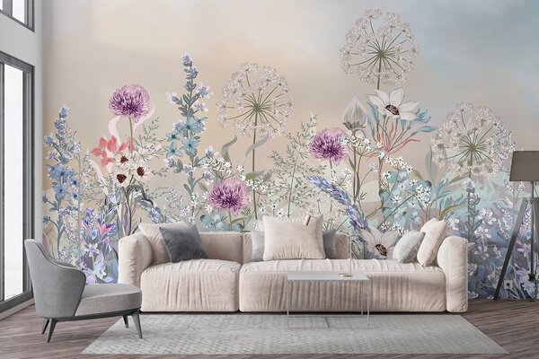 Fototapety Tętniący życiem ogród kwiatowy z różnymi kwiatami i trawą na miękkim, pastelowym, gradientowym, Fototapety Akwarele, w08699 : Uwalls.pl