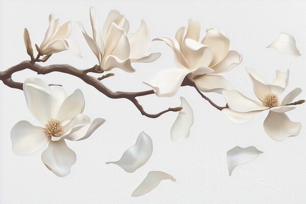 Fototapety Gałąź drzewa z delikatnymi kwiatami magnolii i opadającymi płatkami, Fototapety Kwiaty, w08706 : Uwalls.pl