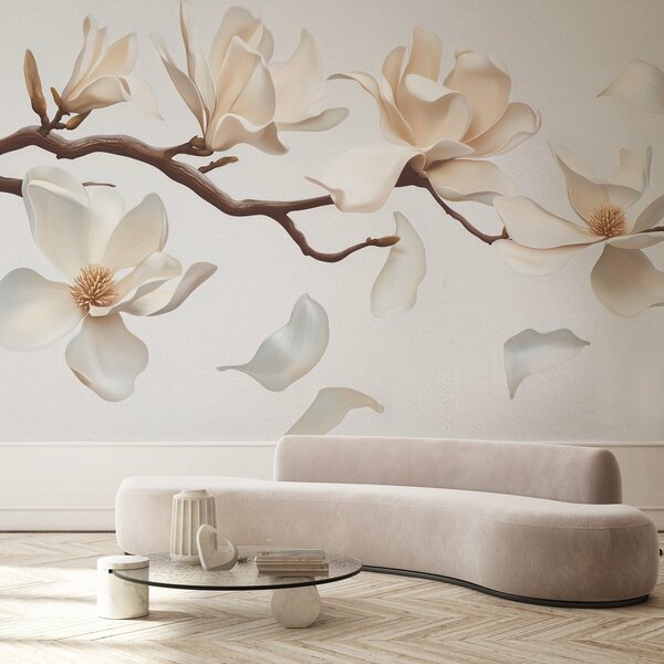 Fototapety Gałąź drzewa z delikatnymi kwiatami magnolii i opadającymi płatkami, Fototapety Kwiaty, w08706 : Uwalls.pl