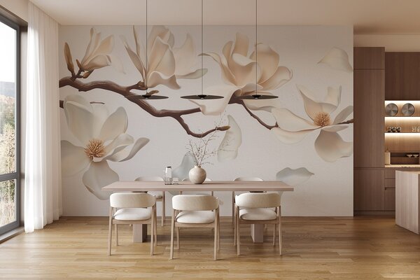 Fototapety Gałąź drzewa z delikatnymi kwiatami magnolii i opadającymi płatkami, Fototapety Kwiaty, w08706 : Uwalls.pl