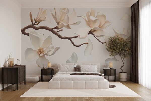 Fototapety Gałąź drzewa z delikatnymi kwiatami magnolii i opadającymi płatkami, Fototapety Kwiaty, w08706 : Uwalls.pl