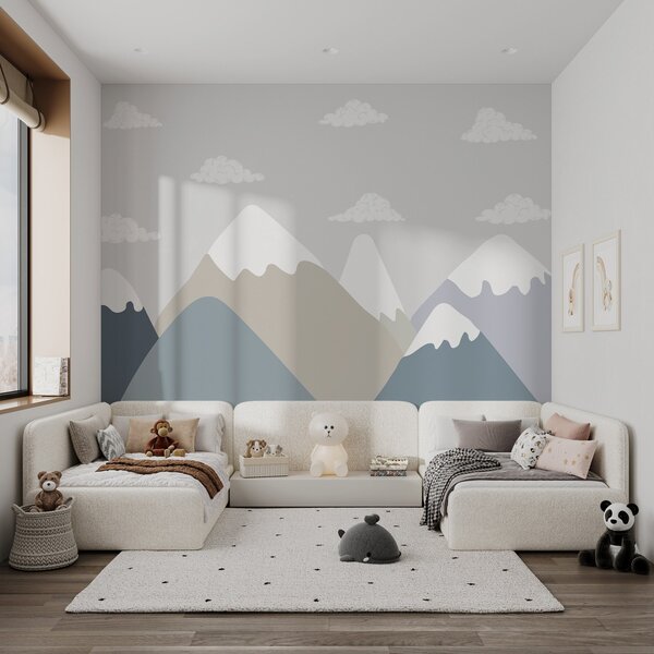 Fototapety Minimalistyczny górski krajobraz z ośnieżonymi szczytami w stonowanych szaro-niebieskich i, Fototapety Dziecięce, w03040 : Uwalls.pl