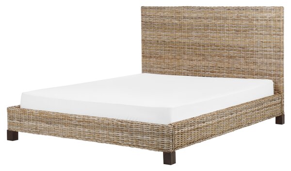 Boho nowoczesne sypialnia łóżko ze stelażem plecione ozdobne wezgłowie 160 x 200 cm rattan mahoń naturalny kolor Salbris Beliani