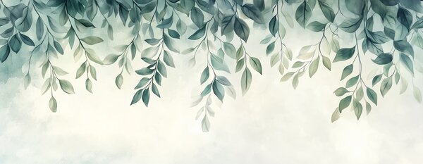 Fototapety zielone liście w stylu akwareli zwisające z góry, Fototapety Natura, Fototapety Liście, w03024 : Uwalls.pl