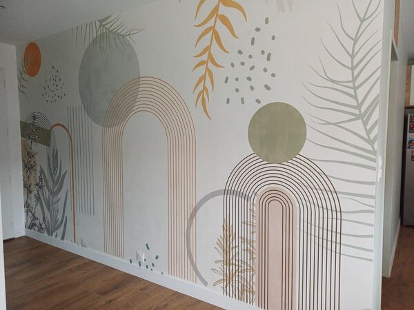 Fototapety Abstrakcyjny nadruk z geometrycznymi kształtami, łukami i tropikalnymi liśćmi na, Fototapety Natura, Fototapety Palmy, w08835 : Uwalls.pl
