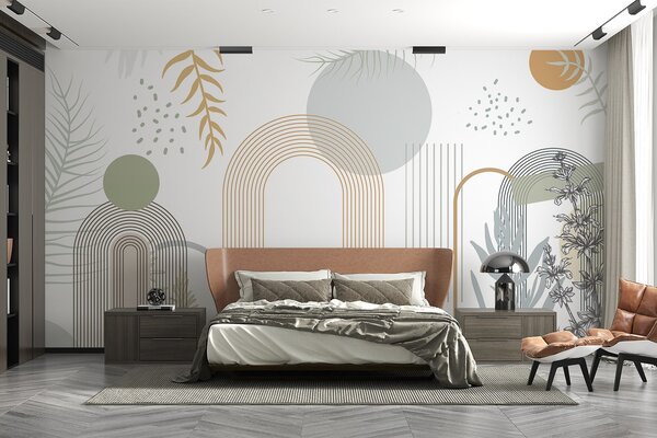 Fototapety Abstrakcyjny nadruk z geometrycznymi kształtami, łukami i tropikalnymi liśćmi na, Fototapety Natura, Fototapety Palmy, w08835 : Uwalls.pl