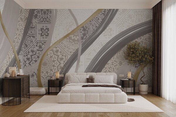 Fototapety Abstrakcyjny obraz z geometrycznymi wzorami i zakrzywionymi liniami w beżowych, szarych i, Nowoczesne Fototapety, w08837 : Uwalls.pl
