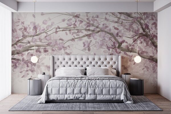 Fototapety Gałązki kwiatów z różowymi liśćmi, miękkie kolory, delikatne detale, styl akwareli,, Fototapety Las, Fototapety Drzewa, w08867 : Uwalls.pl