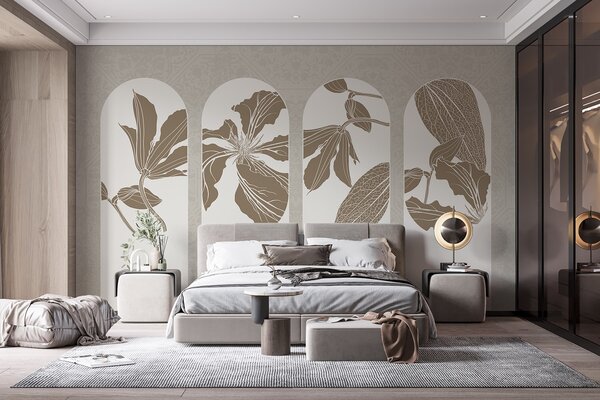 Fototapety Eleganckie łuki z kwiatowymi wzorami w beżu i bieli, na teksturowanym beżowym tle, minimalistyczny, Fototapety Natura, w08866 : Uwalls.pl