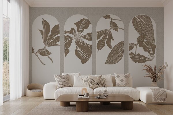 Fototapety Eleganckie łuki z kwiatowymi wzorami w beżu i bieli, na teksturowanym beżowym tle, minimalistyczny, Fototapety Natura, w08866 : Uwalls.pl