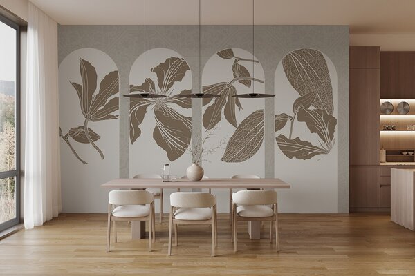 Fototapety Eleganckie łuki z kwiatowymi wzorami w beżu i bieli, na teksturowanym beżowym tle, minimalistyczny, Fototapety Natura, w08866 : Uwalls.pl