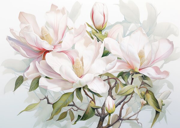 Fototapety Kwiaty magnolii z białymi i różowymi płatkami, liśćmi i brązowymi gałązkami, miękki i delikatny, Fototapety Kwiaty, w08885 : Uwalls.pl