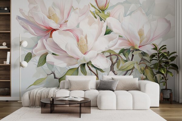 Fototapety Kwiaty magnolii z białymi i różowymi płatkami, liśćmi i brązowymi gałązkami, miękki i delikatny, Fototapety Kwiaty, w08885 : Uwalls.pl
