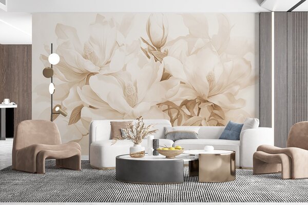 Fototapety Kwiaty magnolii z białymi i beżowymi płatkami, liśćmi i brązowymi gałązkami, miękki i delikatny, Fototapety Kwiaty, w08886 : Uwalls.pl