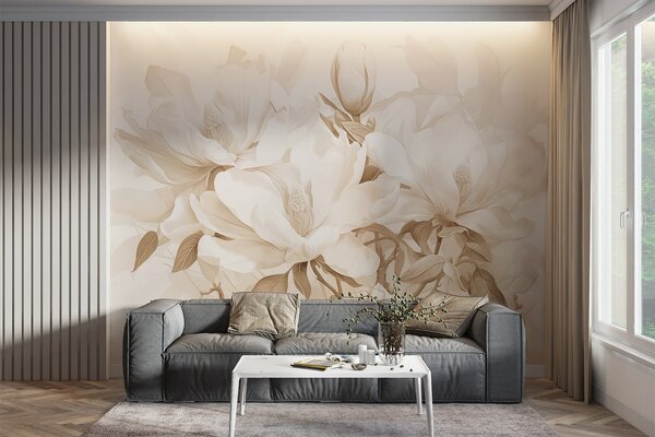 Fototapety Kwiaty magnolii z białymi i beżowymi płatkami, liśćmi i brązowymi gałązkami, miękki i delikatny, Fototapety Kwiaty, w08886 : Uwalls.pl