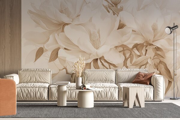 Fototapety Kwiaty magnolii z białymi i beżowymi płatkami, liśćmi i brązowymi gałązkami, miękki i delikatny, Fototapety Kwiaty, w08886 : Uwalls.pl