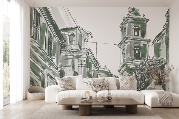 Fototapety Śródziemnomorska ulica, kaplica, architektura, szare i zielone kolory, Fototapety Miasta i Kraje, w03350v2 : Uwalls.pl