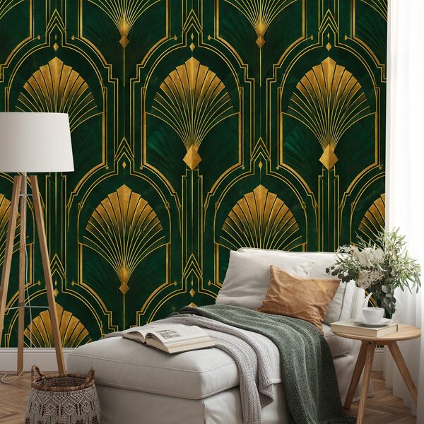 Fototapeta złote wachlarze art déco na zieleni