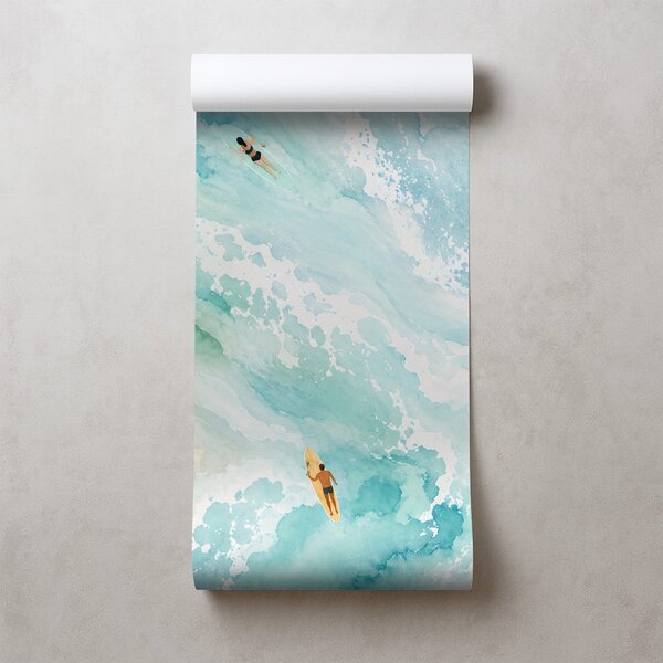 Tapeta akwarelowe morze z surferami