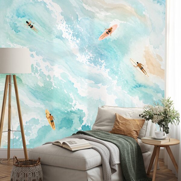 Tapeta akwarelowe morze z surferami