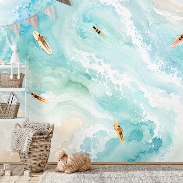 Tapeta akwarelowe morze z surferami