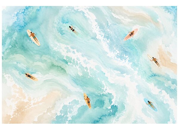 Tapeta akwarelowe morze z surferami