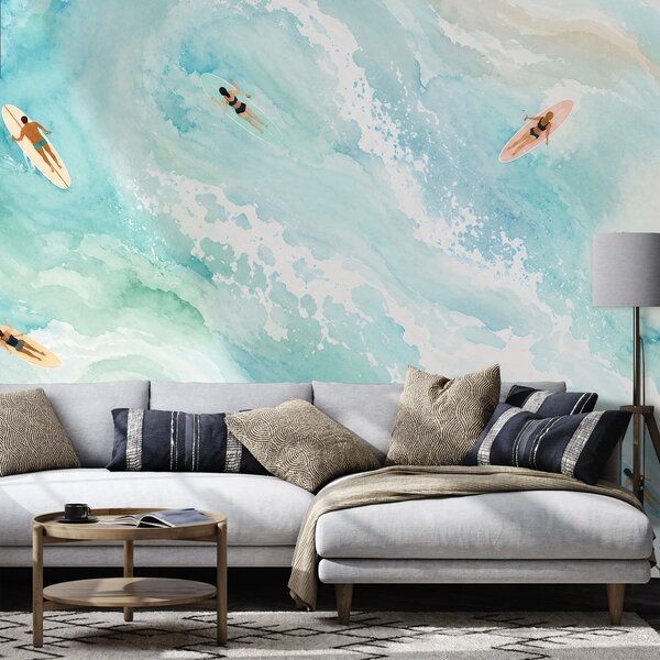 Tapeta akwarelowe morze z surferami
