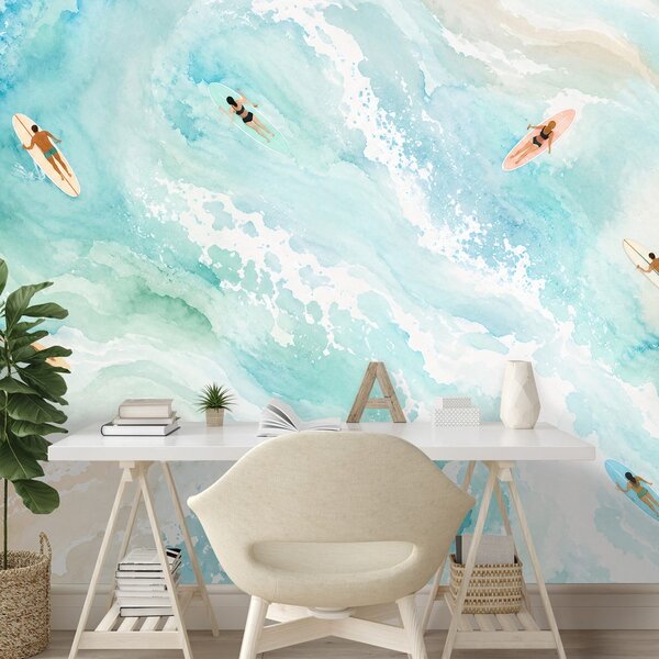 Tapeta akwarelowe morze z surferami