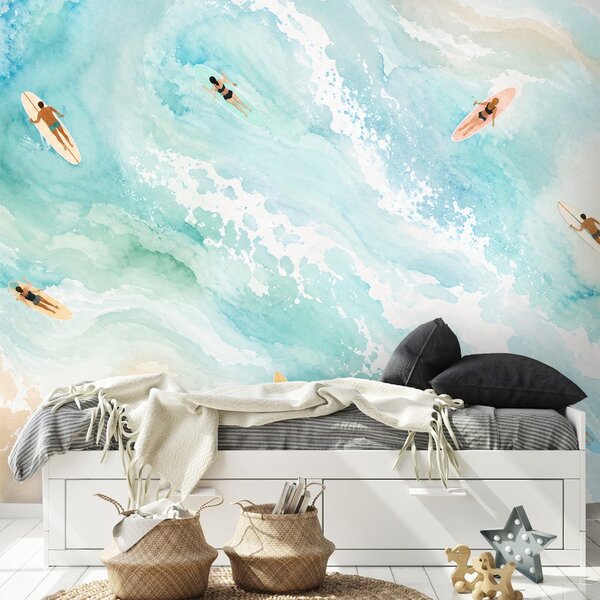 Tapeta akwarelowe morze z surferami