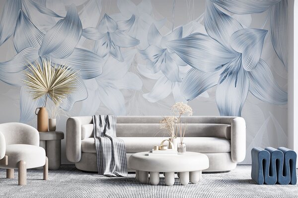 Fototapety Niebieskie lilie z misternymi detalami, elegancka kompozycja kwiatowa, neutralna paleta kolorów, Fototapety Kwiaty, w08912v1 : Uwalls.pl