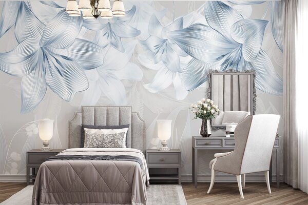 Fototapety Niebieskie lilie z misternymi detalami, elegancka kompozycja kwiatowa, neutralna paleta kolorów, Fototapety Kwiaty, w08912v1 : Uwalls.pl