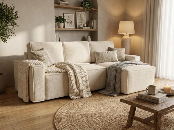 Rozkładana narożna sofa SMART BOUCLE 232x143 cm, kremowa, uniwersalna