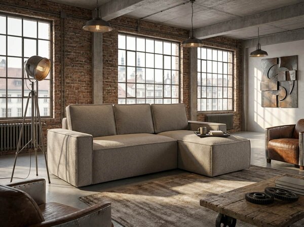 Rozkładana narożna sofa SMART BOUCLE 232x143 cm, szarobeżowa, uniwersalna