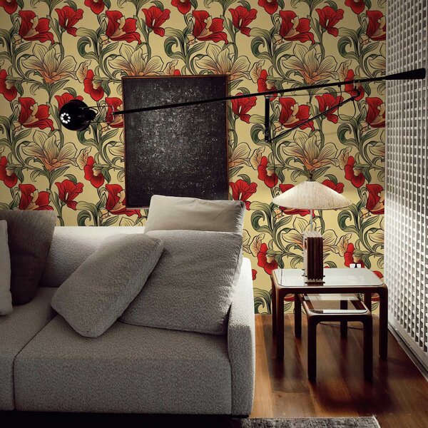 Tapety Jasne, poskręcane łodygi z liśćmi i czerwonymi kwiatami, Tapety Shabby Chic, a00075 : Uwalls.pl
