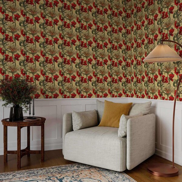 Tapety Jasne, poskręcane łodygi z liśćmi i czerwonymi kwiatami, Tapety Shabby Chic, a00075 : Uwalls.pl