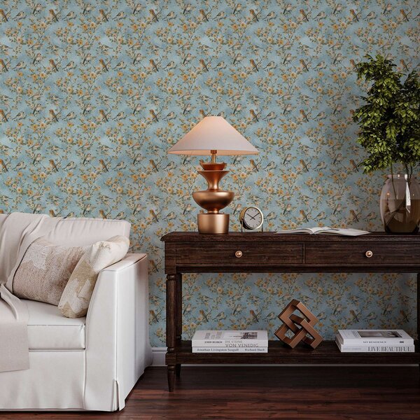 Tapety Małe ptaki na gałęziach na niebieskim tle, Tapety Shabby Chic, a00092 : Uwalls.pl