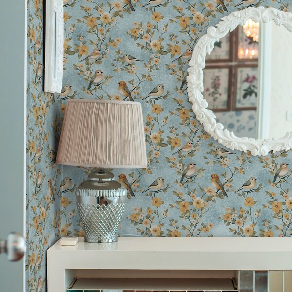 Tapety Małe ptaki na gałęziach na niebieskim tle, Tapety Shabby Chic, a00092 : Uwalls.pl