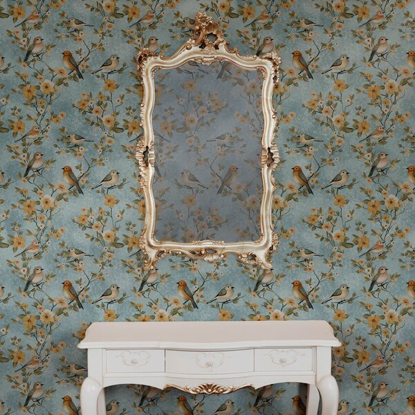 Tapety Małe ptaki na gałęziach na niebieskim tle, Tapety Shabby Chic, a00092 : Uwalls.pl