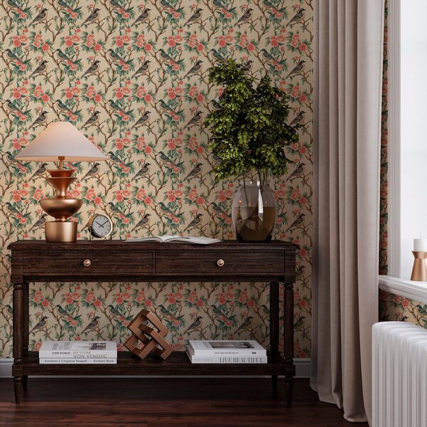 Tapety Małe ptaki na gałęziach z kwiatami na jasnym tle, Tapety Shabby Chic, a00093 : Uwalls.pl