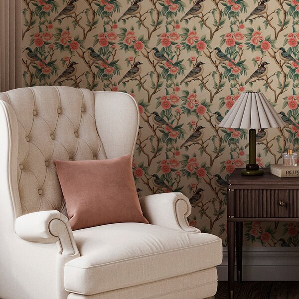 Tapety Małe ptaki na gałęziach z kwiatami na jasnym tle, Tapety Shabby Chic, a00093 : Uwalls.pl