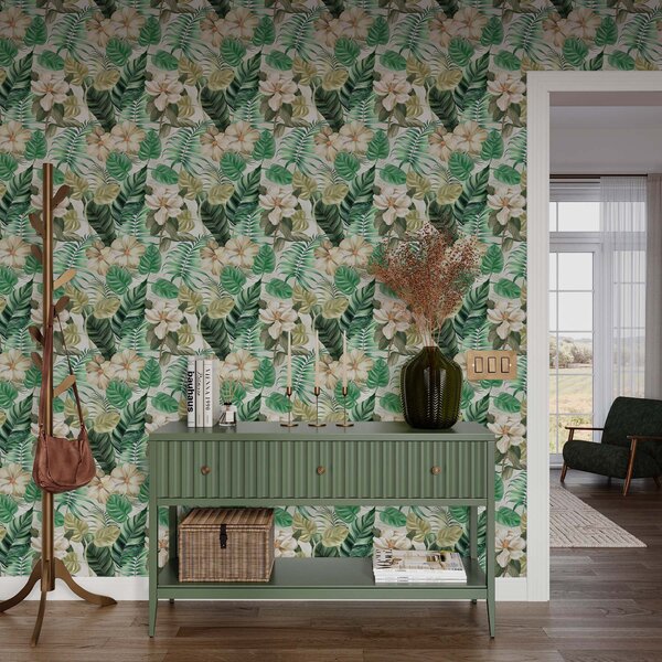 Tapety Kompozycja tropikalnych kwiatów i liści, Tapety Shabby Chic, a00099 : Uwalls.pl
