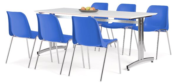 Zestaw mebli SANNA + SIERRA, 1 stół i 6 niebieskich krzeseł