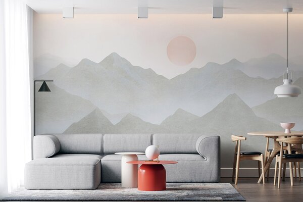 Fototapety Boho styl góry krajobraz, zachód słońca, miękki pastel, szary, Fototapety Minimalistyczny styl, w03547v1 : Uwalls.pl