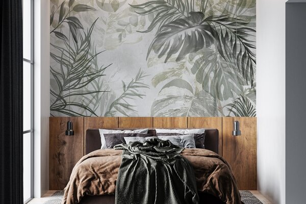 Fototapety Monstera i liście palmy w odcieniach zieleni i szarości, botaniczne, tropikalne liście, rośliny, Fototapety Natura, w09011 : Uwalls.pl