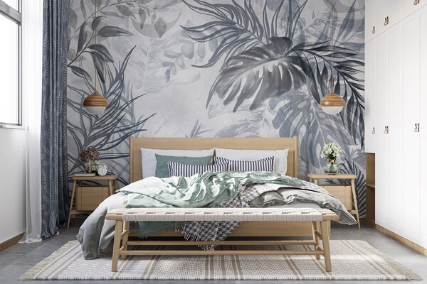 Fototapety Monstera i liście palmy w odcieniach niebieskiego i szarego, botaniczne,, Fototapety Las, Fototapety Las tropikalny, w09011v1 : Uwalls.pl