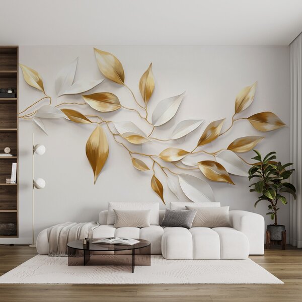 Fototapety Żółte i białe liście na gałęzi, elegancki design, białe tło, minimalistyczny styl, sztuka dekoracyjna,, Fototapety 3D, w09015 : Uwalls.pl