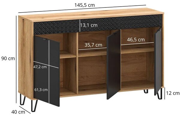 Komoda trzydrzwiowa na nóżkach dąb evok + czarny P7-M65