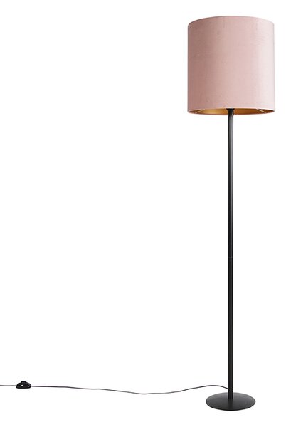 Lampa stojąca czarna z różowym aksamitnym abażurem ze złotem 40 cm - Simplo