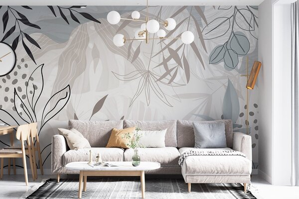 Fototapety Abstrakcyjny kwiatowy nowoczesny design z pastelowymi beżowymi, szarymi, niebieskimi i czarnymi, Nowoczesne Fototapety, w09105 : Uwalls.pl