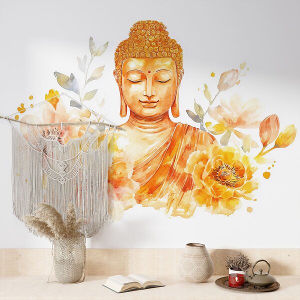 Fototapety Akwarela Budda z kwiatami, duchowa, pomarańczowa paleta kolorów , Fototapety Akwarele, w04005 : Uwalls.pl